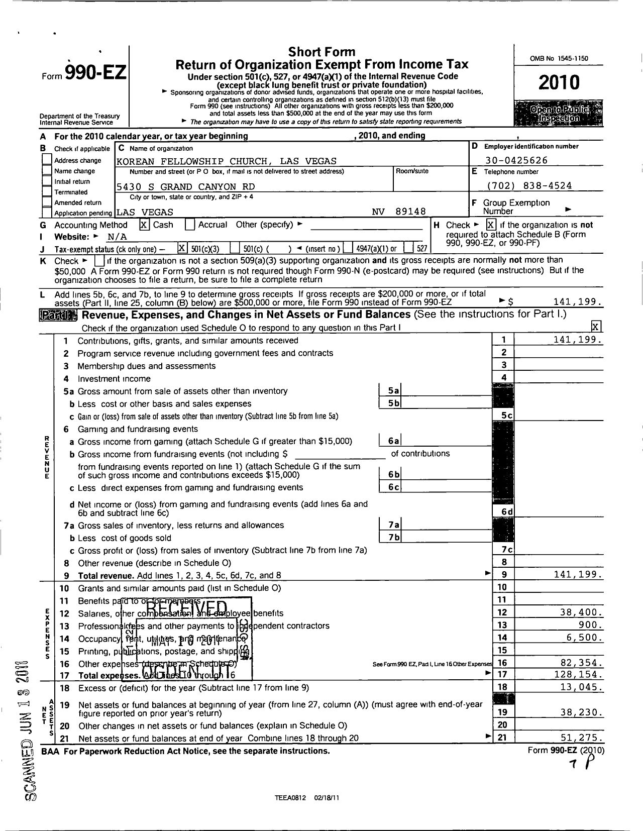 Image of first page of 2010 Form 990EZ for Korean Fellowship Church Las Vegas