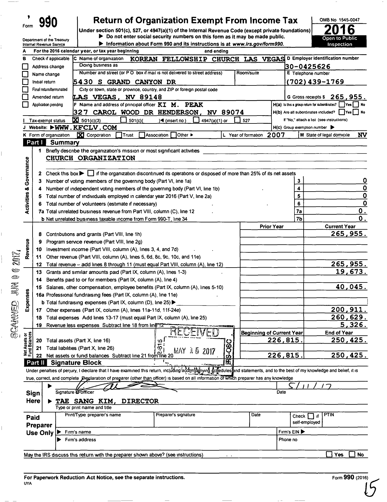 Image of first page of 2016 Form 990 for Korean Fellowship Church Las Vegas