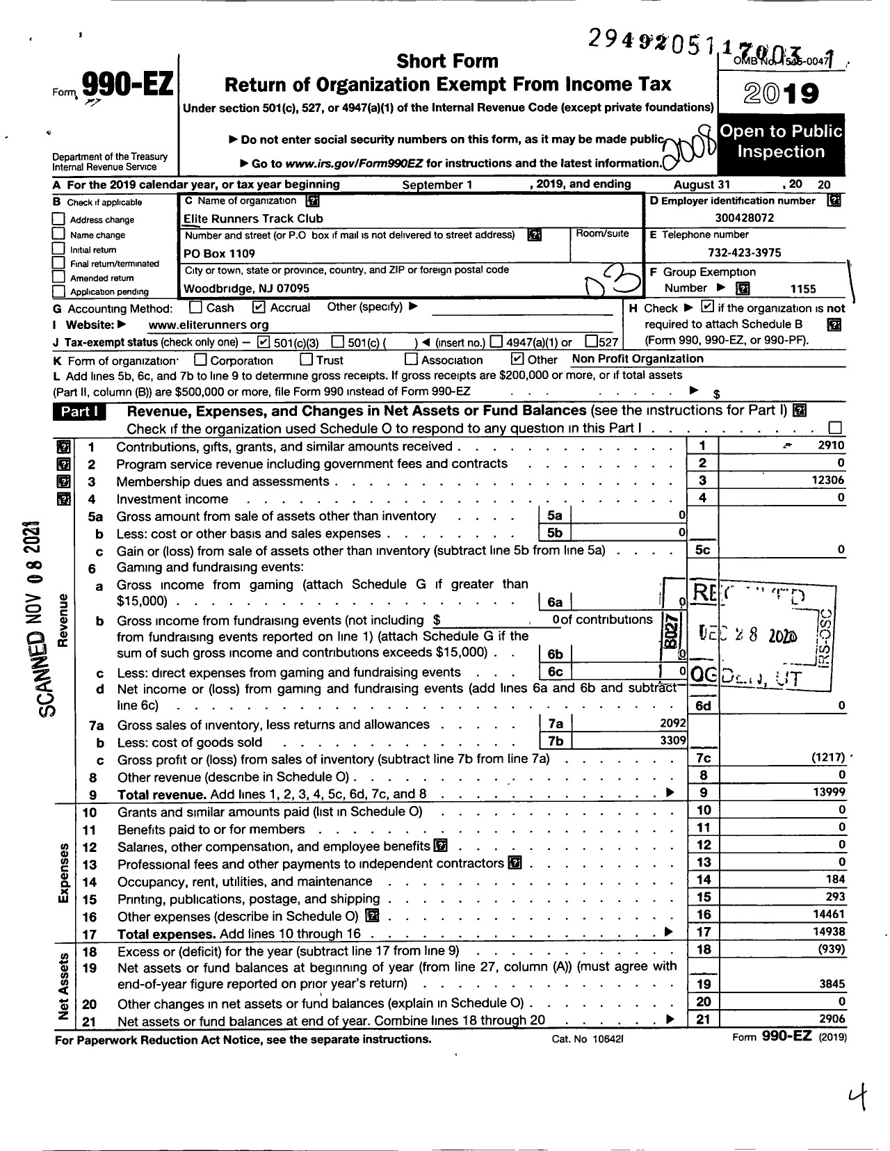 Image of first page of 2019 Form 990EZ for Amateur Athletic Union - Elite Runners TC