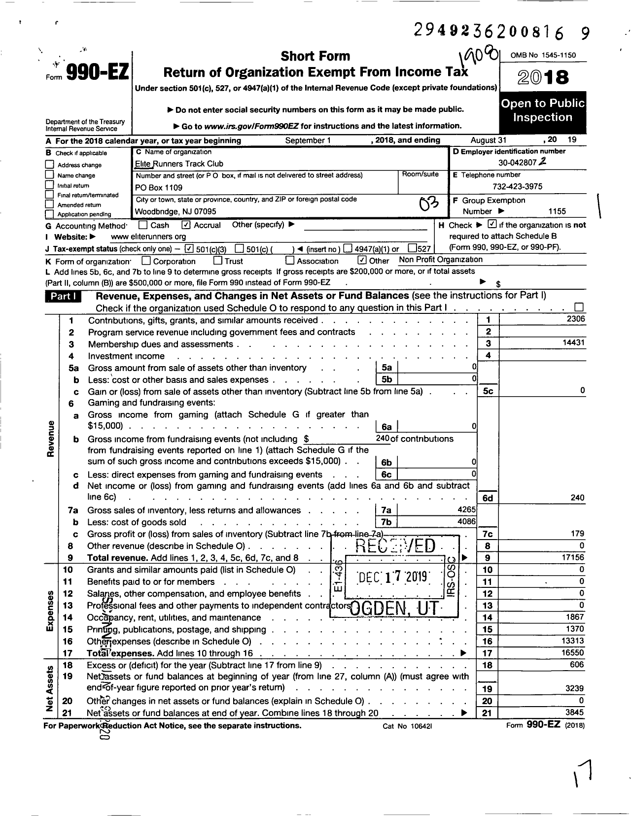 Image of first page of 2018 Form 990EZ for Amateur Athletic Union - Elite Runners TC