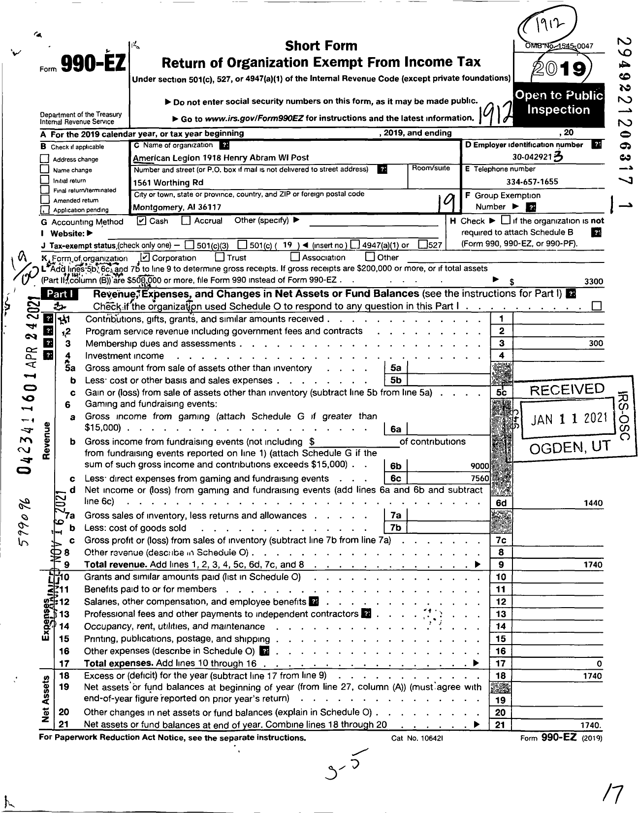 Image of first page of 2019 Form 990EO for American Legion