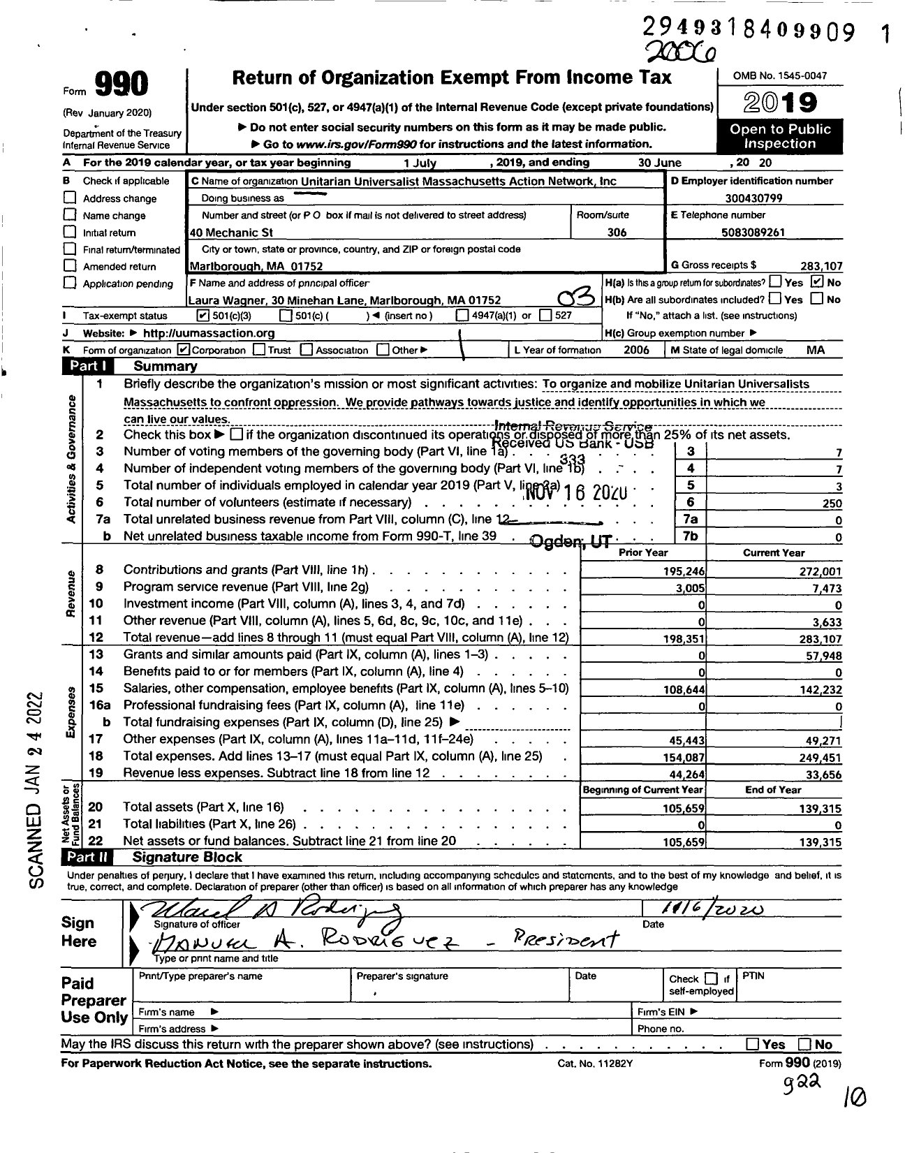 Image of first page of 2019 Form 990 for Unitarian Universalist Massachusetts Action Network