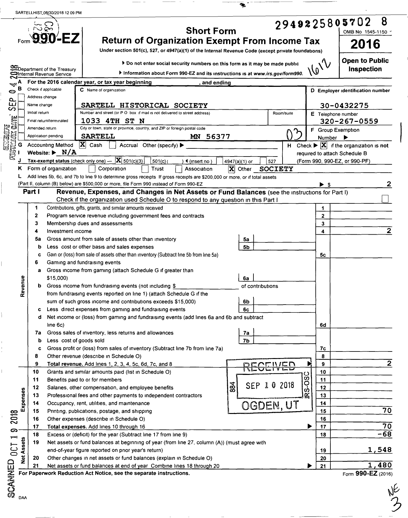 Image of first page of 2016 Form 990EZ for Sartell Historical Society