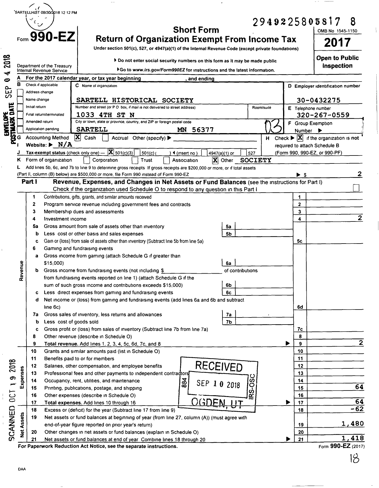 Image of first page of 2017 Form 990EZ for Sartell Historical Society