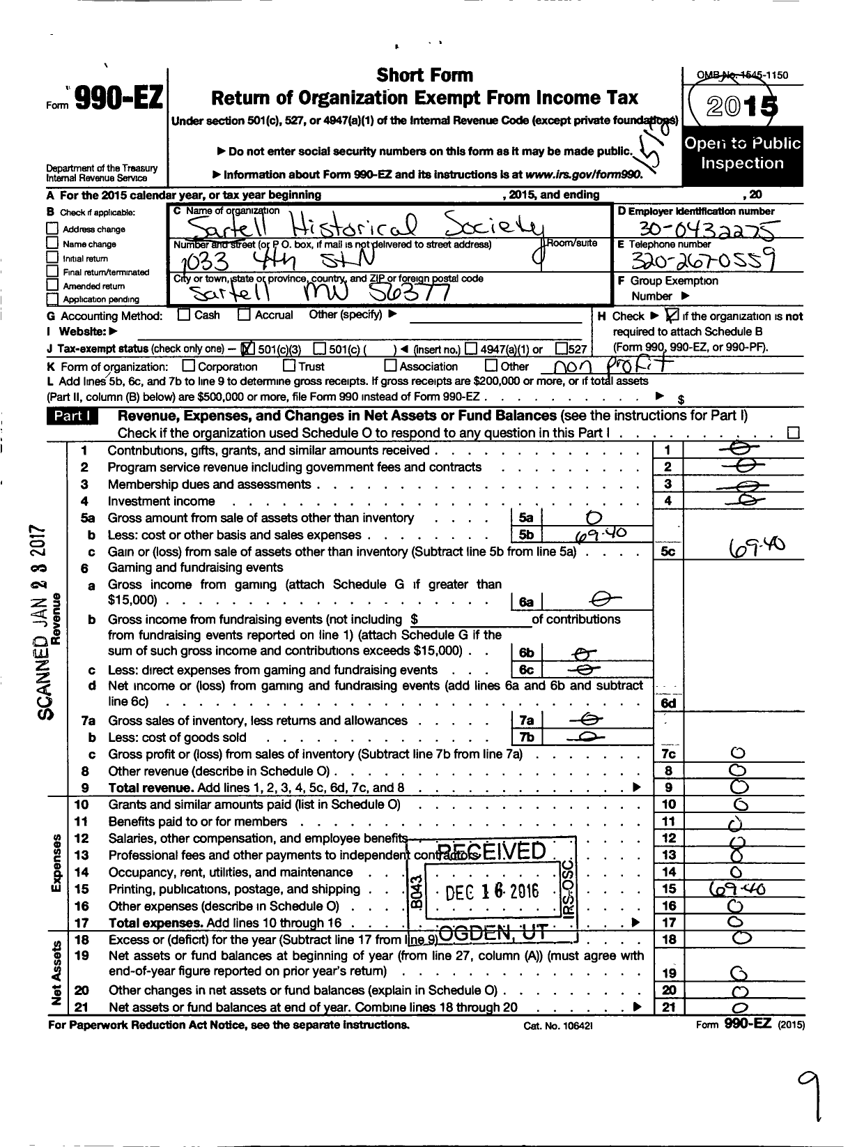 Image of first page of 2015 Form 990EZ for Sartell Historical Society