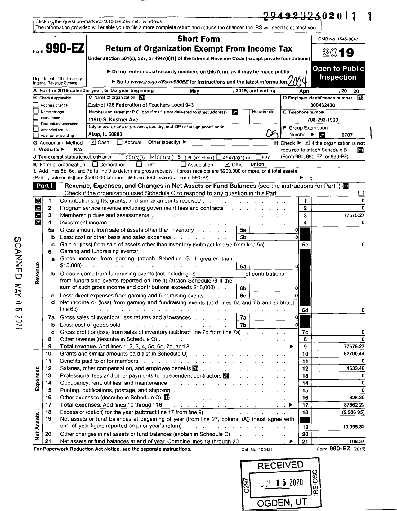 Image of first page of 2019 Form 990EO for District 126 Federation of Teachers Council Local 943 Amer Fed Teacher