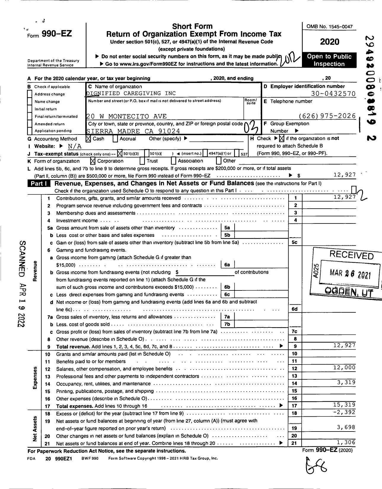 Image of first page of 2020 Form 990EZ for Dignified Caregiving