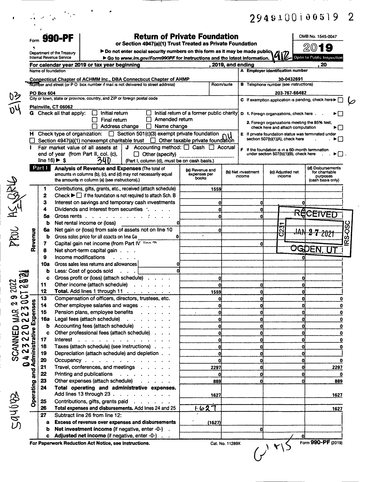 Image of first page of 2019 Form 990PF for Connecticut Chapter of ACHMM Inc Connecticut Chapter of AHMP