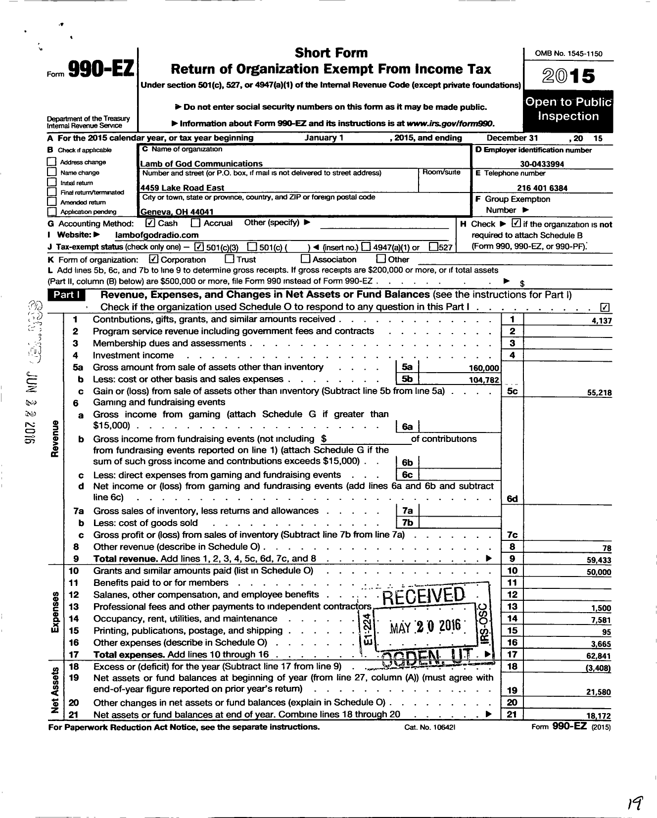 Image of first page of 2015 Form 990EZ for Lamb of God Communications