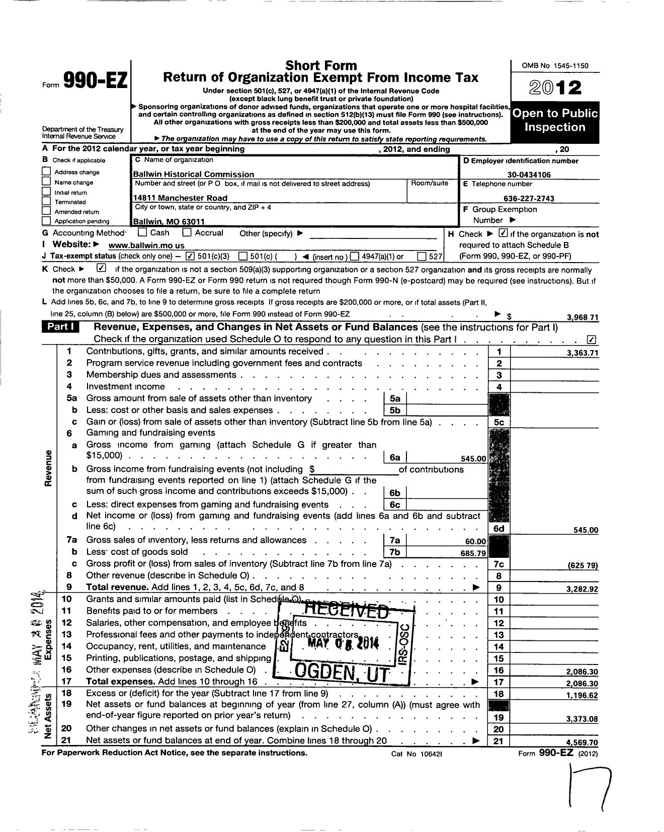 Image of first page of 2012 Form 990EZ for Ballwin Historical Commission