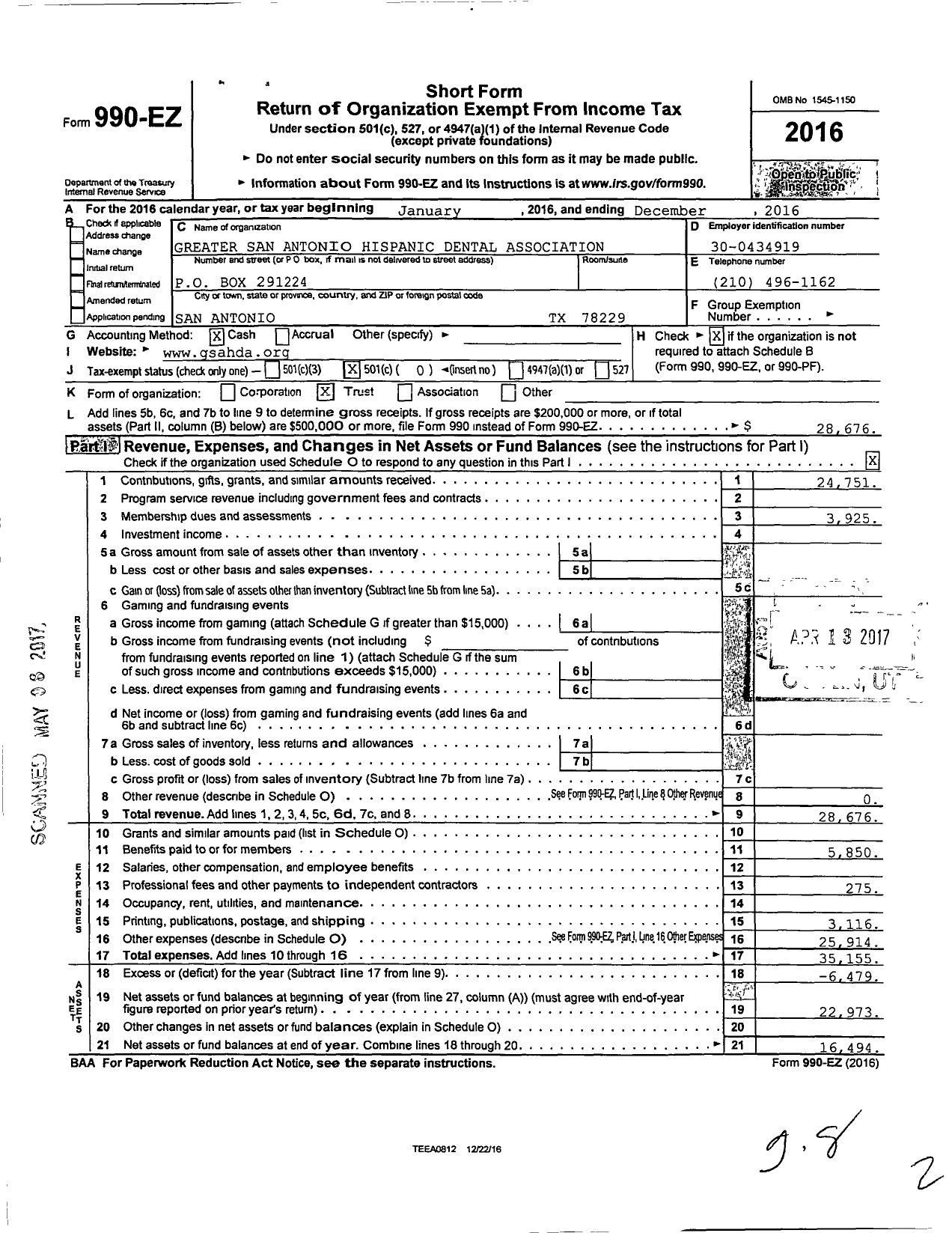 Image of first page of 2016 Form 990EO for Greater San Antonio Hispanic Dental