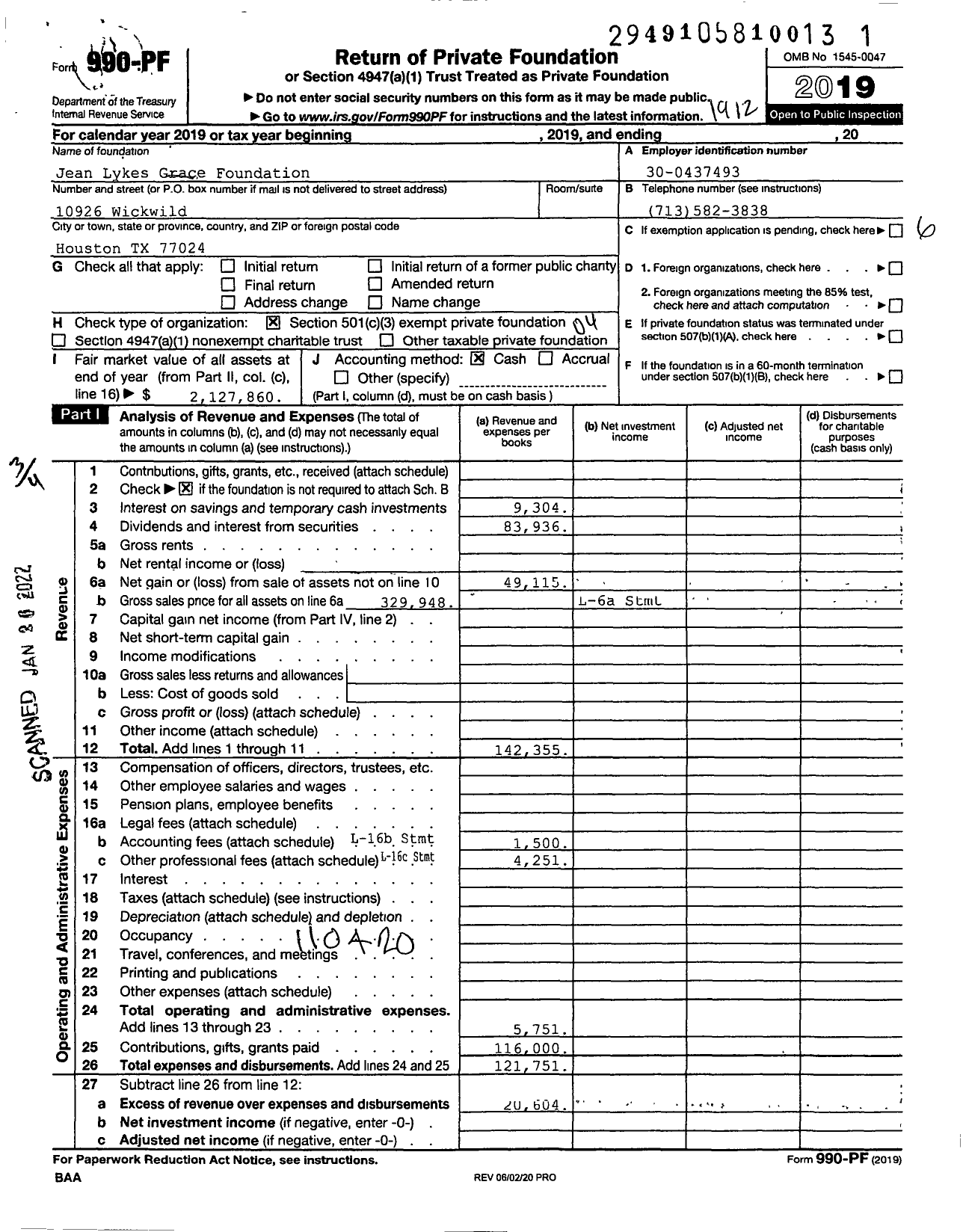 Image of first page of 2019 Form 990PF for Jean Lykes Grace Foundation