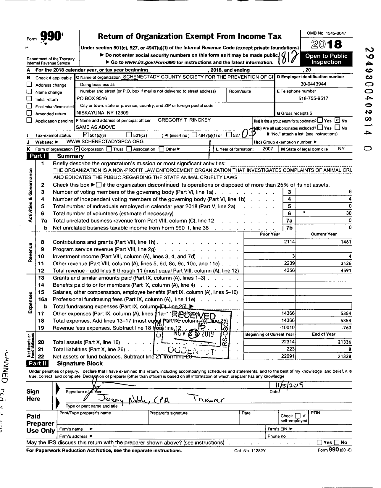 Image of first page of 2018 Form 990 for Schenectady County Society for the Prevention of Cruelty To Animals I