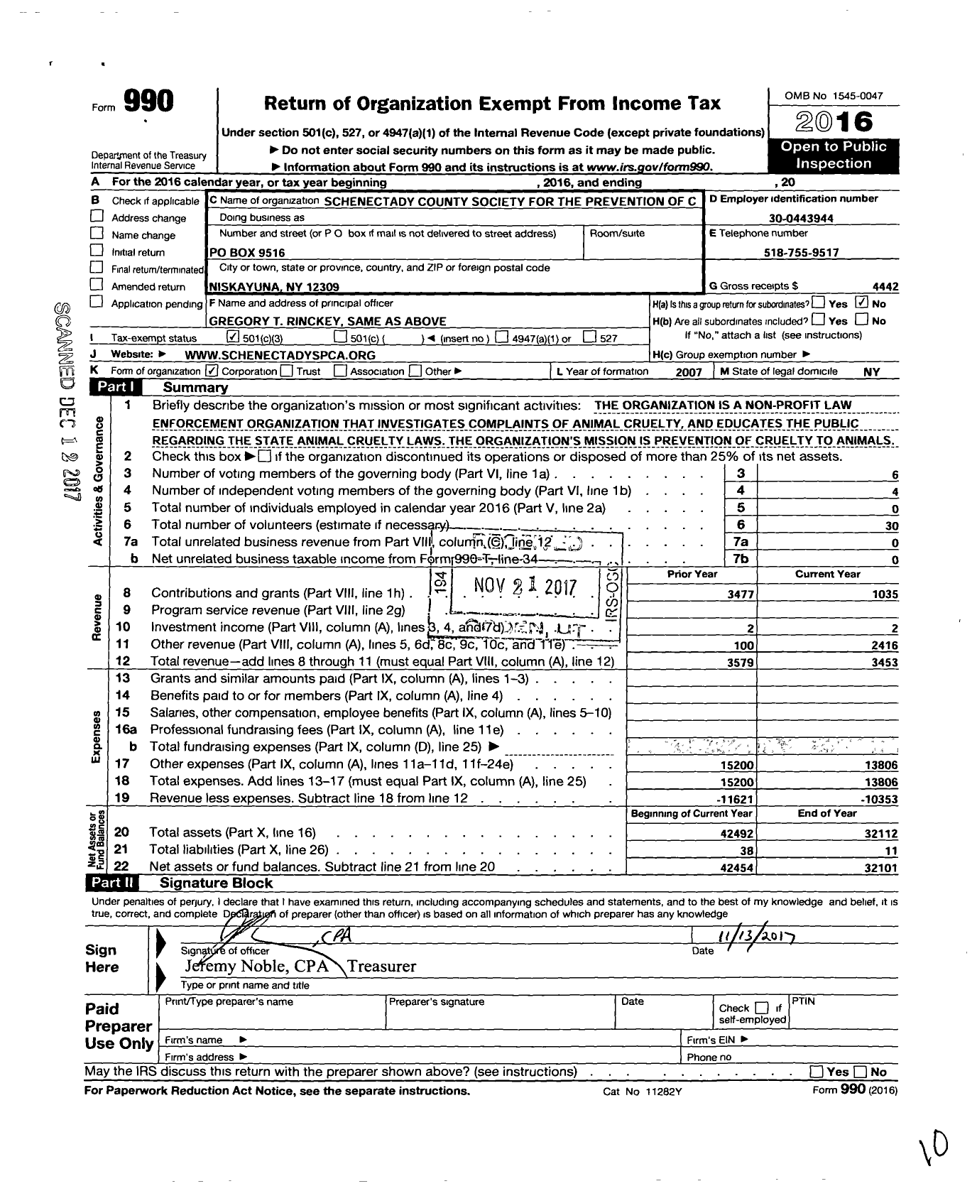 Image of first page of 2016 Form 990 for Schenectady County Society for the Prevention of Cruelty To Animals I