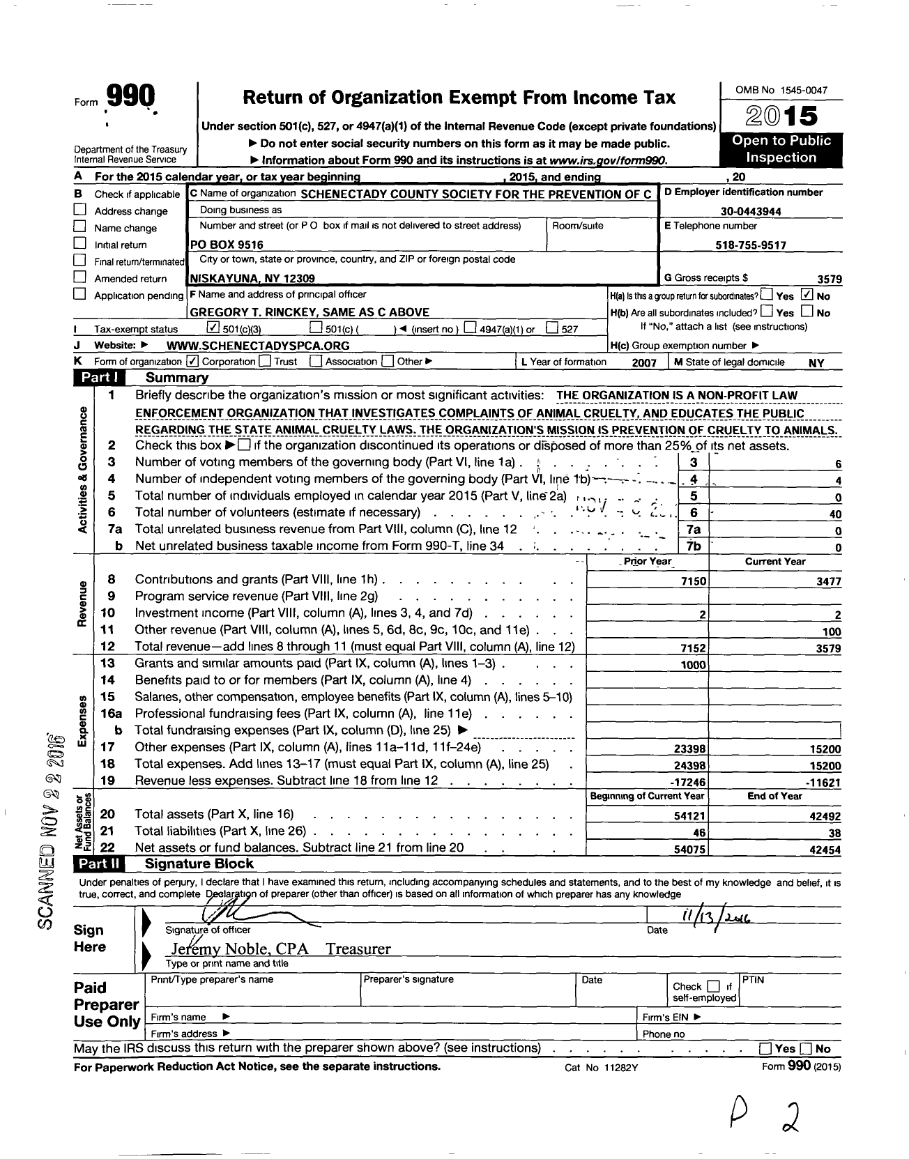 Image of first page of 2015 Form 990 for Schenectady County Society for the Prevention of Cruelty To Animals I