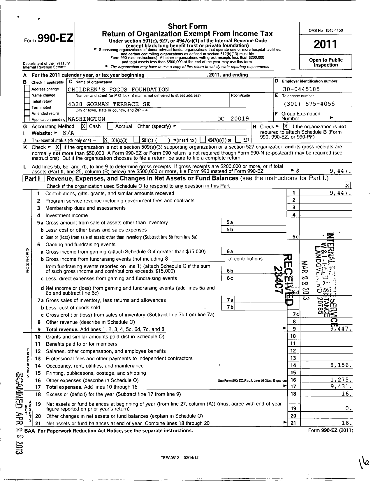 Image of first page of 2011 Form 990EZ for Children's Focus Foundation