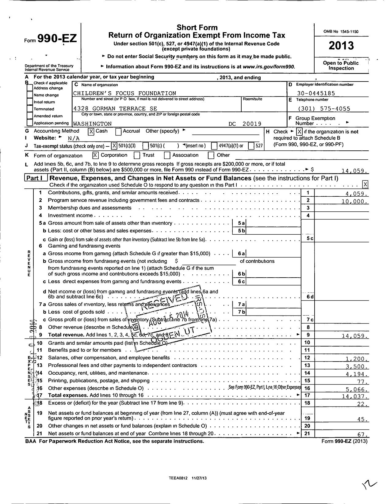 Image of first page of 2013 Form 990EZ for Children's Focus Foundation