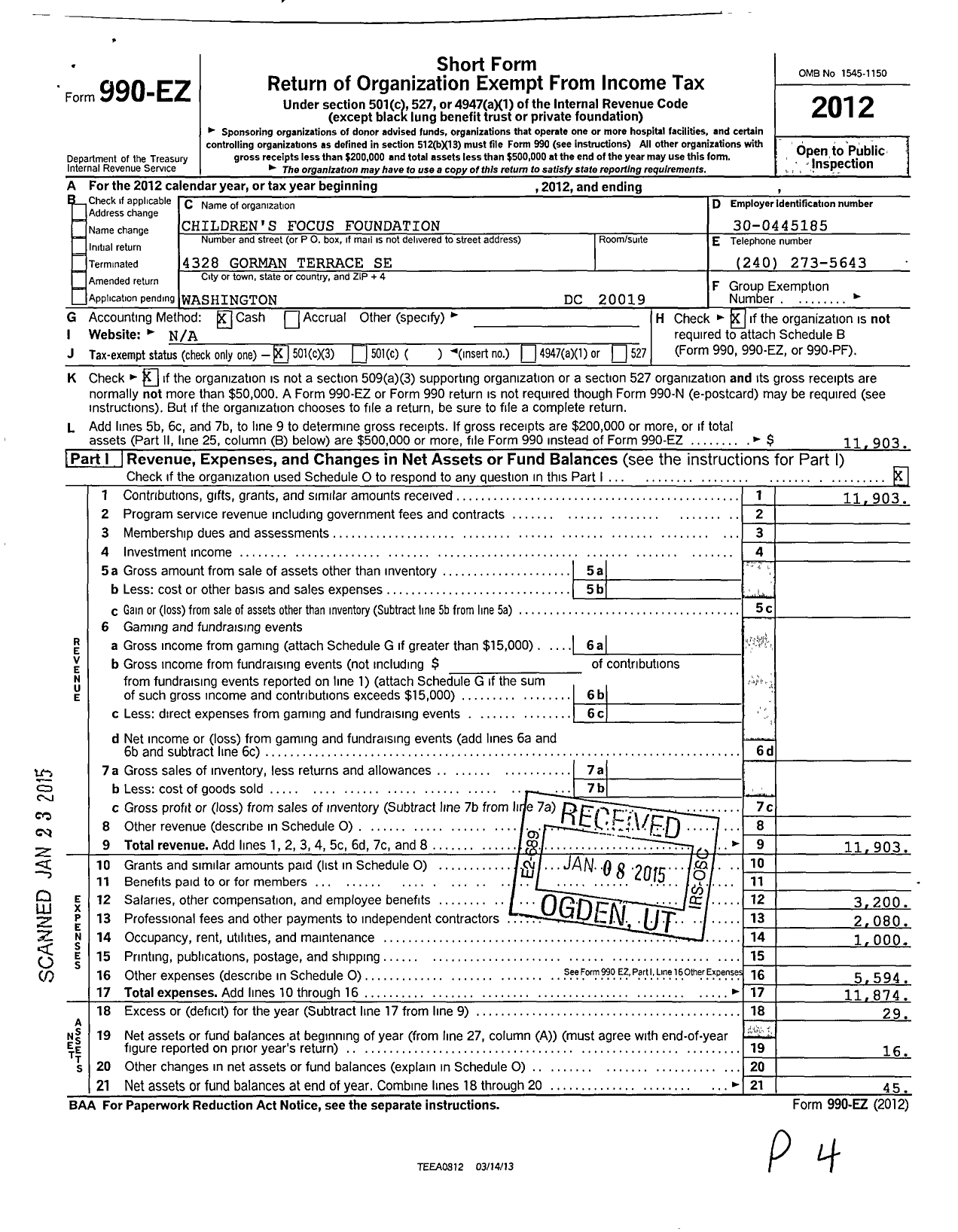 Image of first page of 2012 Form 990EZ for Children's Focus Foundation