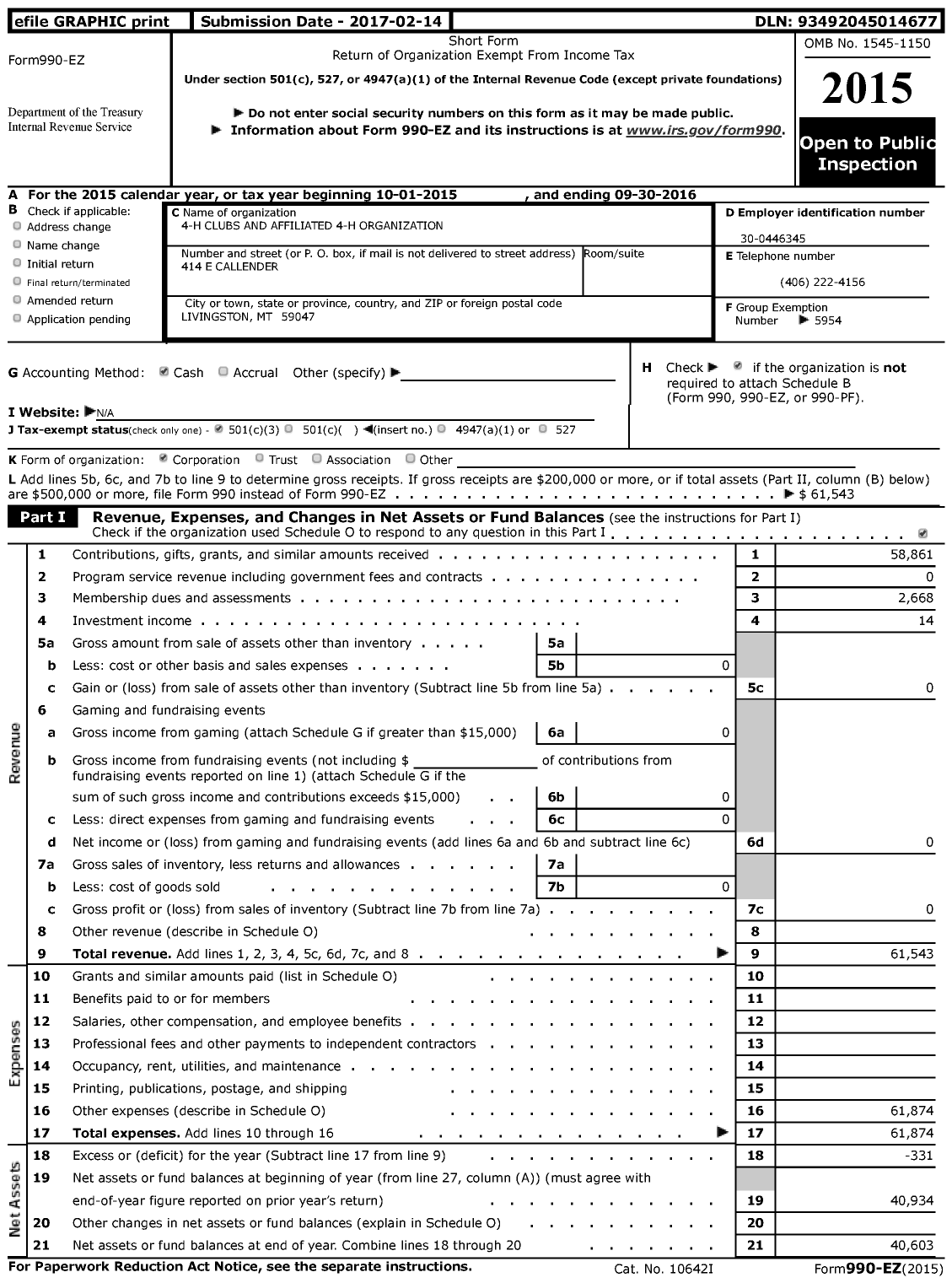 Image of first page of 2015 Form 990EZ for Montana 4-H Foundation / Park County 4-H Council