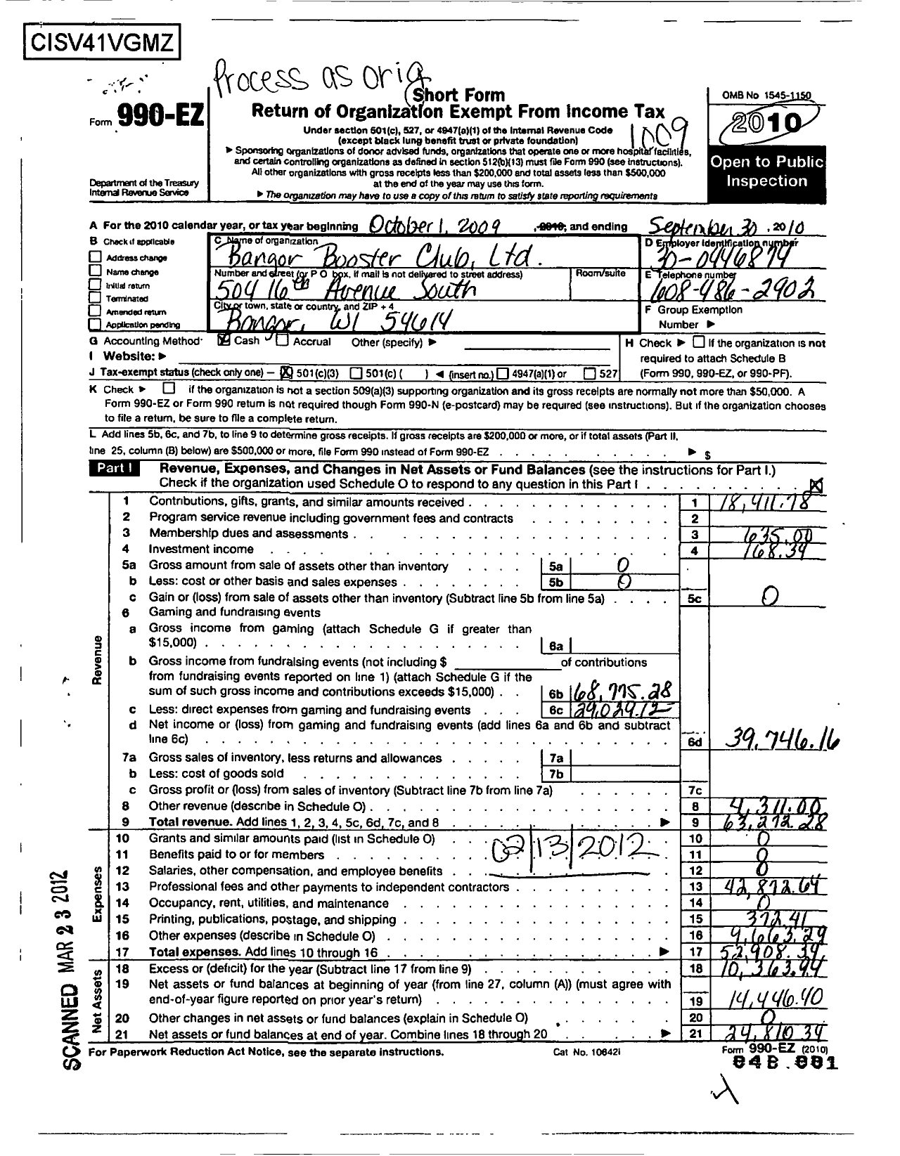 Image of first page of 2009 Form 990EZ for Bangor Booster Club