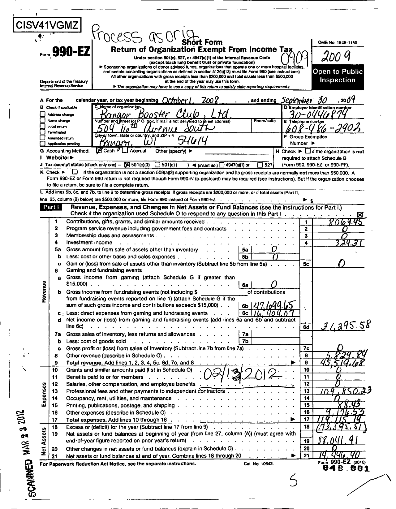 Image of first page of 2008 Form 990EZ for Bangor Booster Club