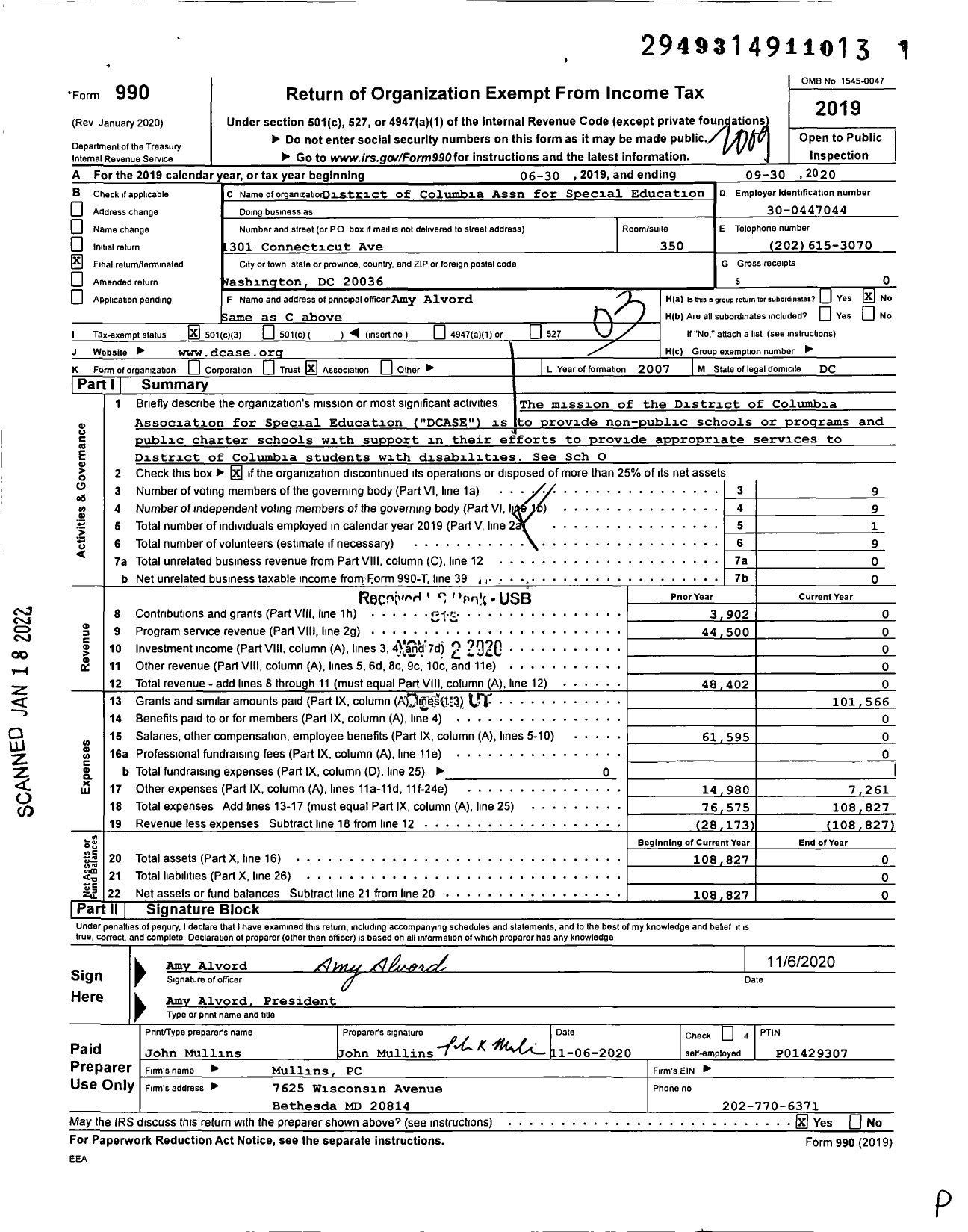 Image of first page of 2019 Form 990 for District of Columbia Assn for Special Education