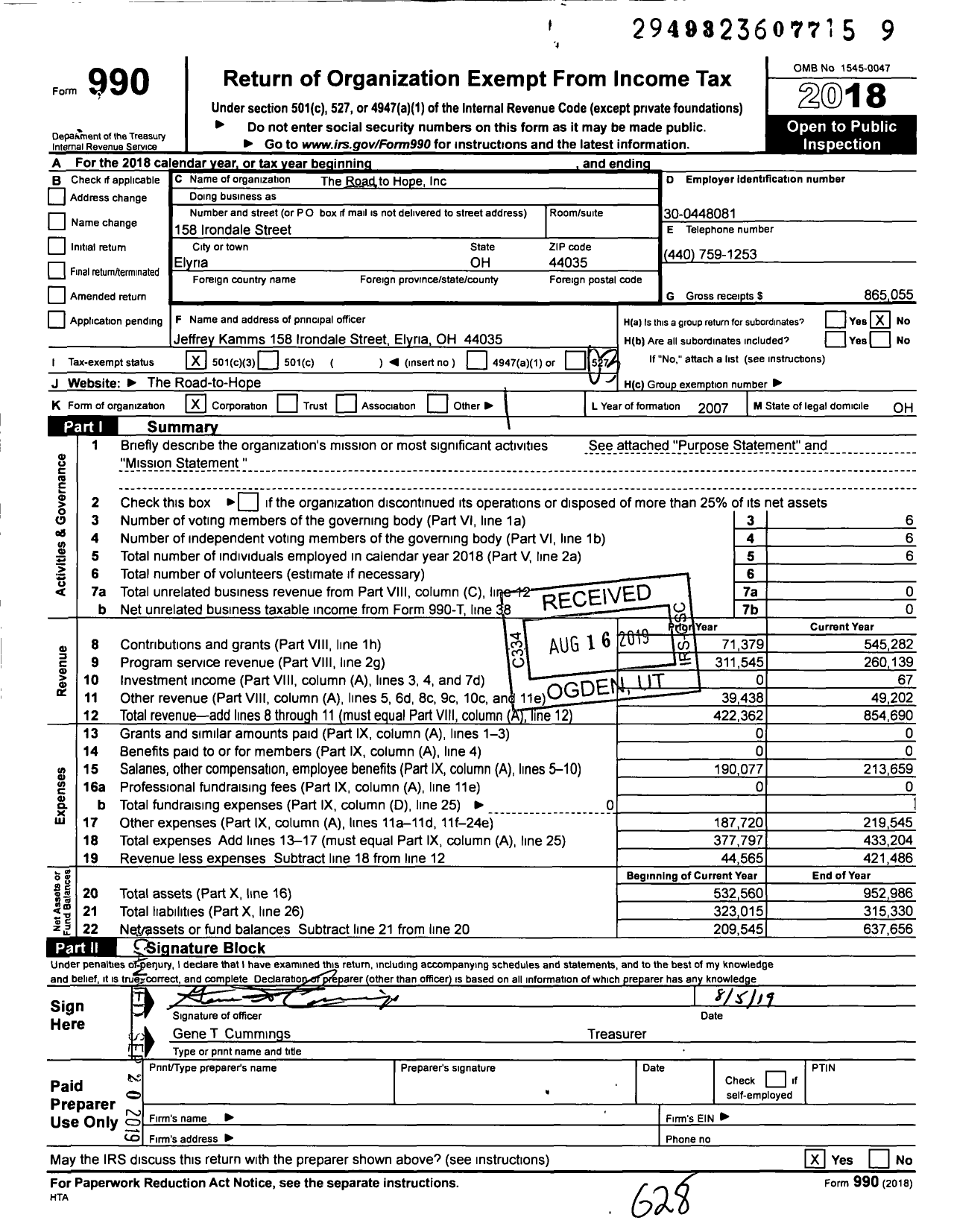 Image of first page of 2018 Form 990 for The Road to Hope