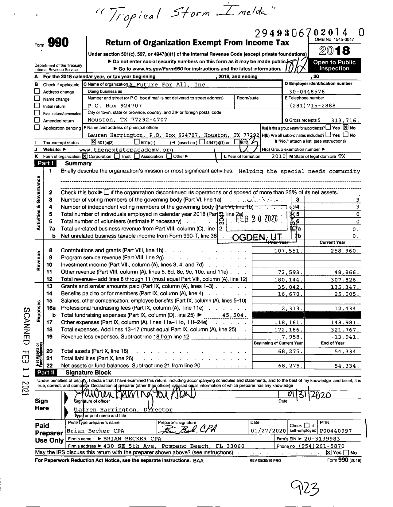 Image of first page of 2018 Form 990 for A Future For All