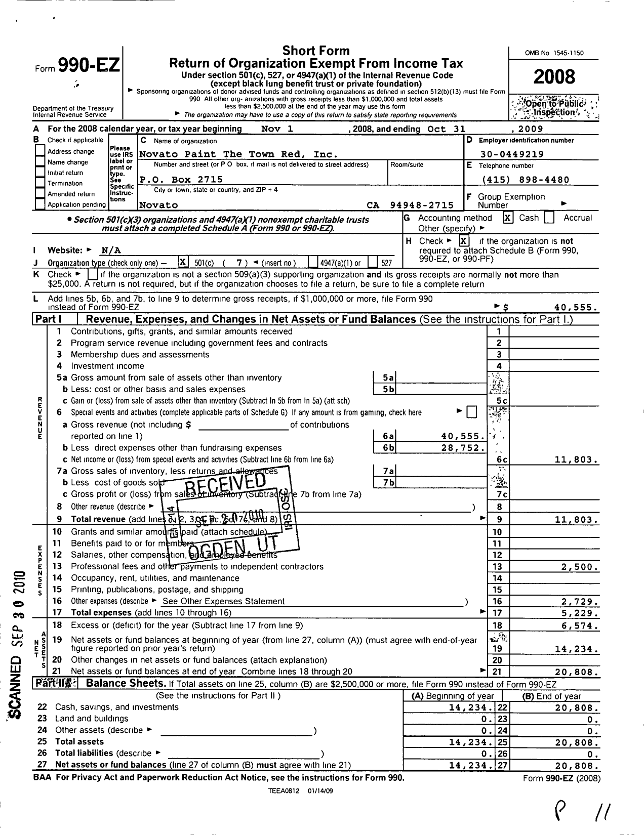 Image of first page of 2008 Form 990EO for Novato Paint the Town Red