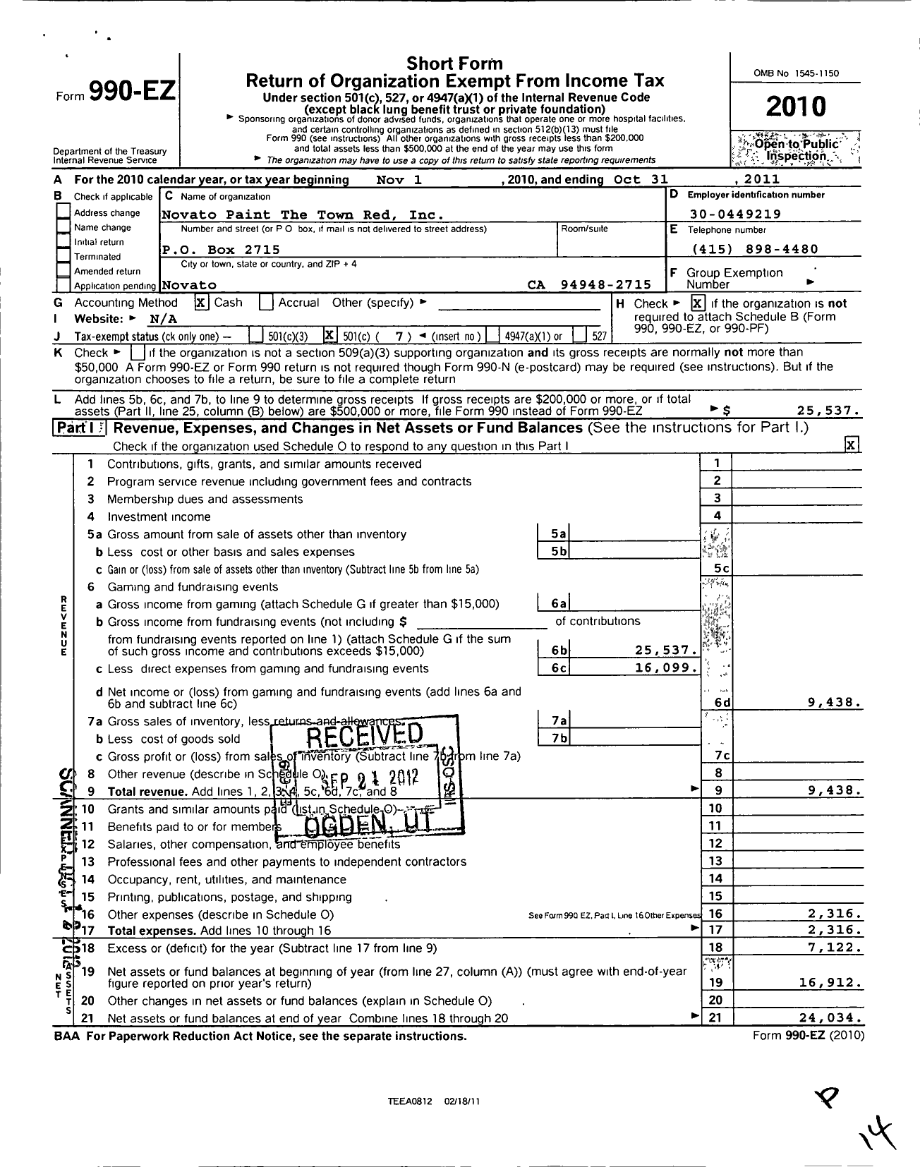 Image of first page of 2010 Form 990EO for Novato Paint the Town Red