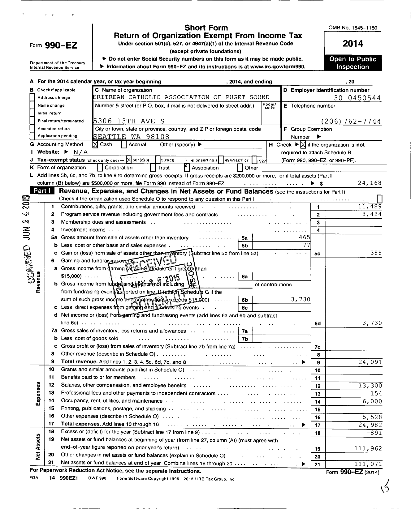 Image of first page of 2014 Form 990EZ for Eritrean Catholic Association