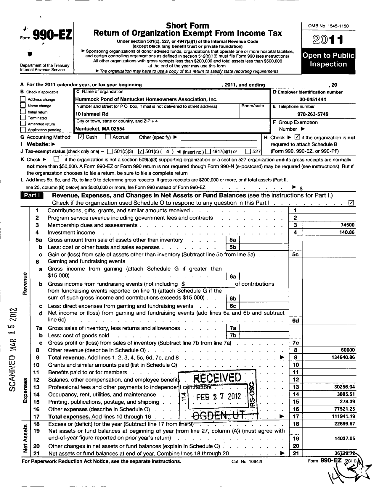 Image of first page of 2011 Form 990EO for Hummock Pond of Nantucket Homeowners Association