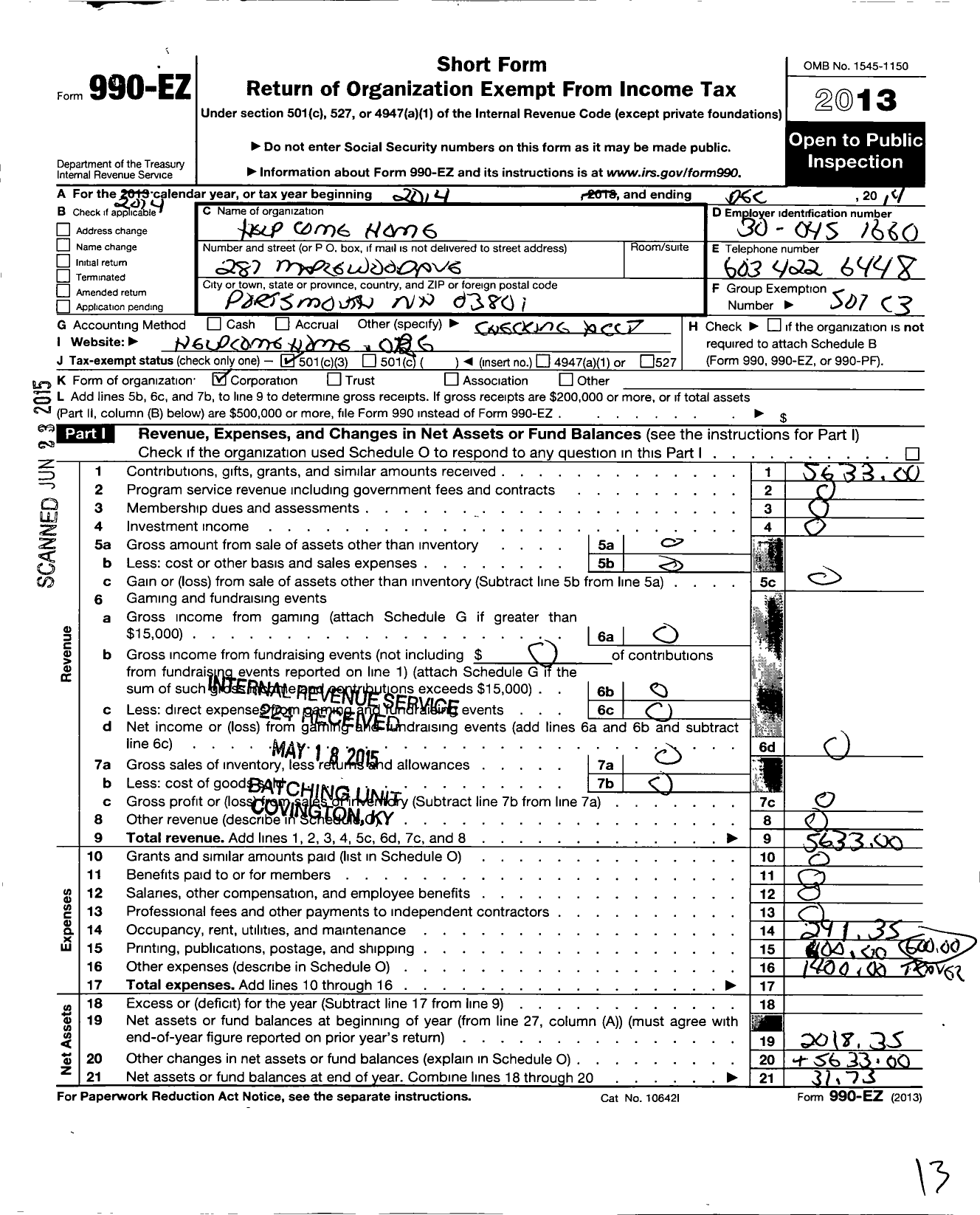 Image of first page of 2014 Form 990EZ for Help Come Home