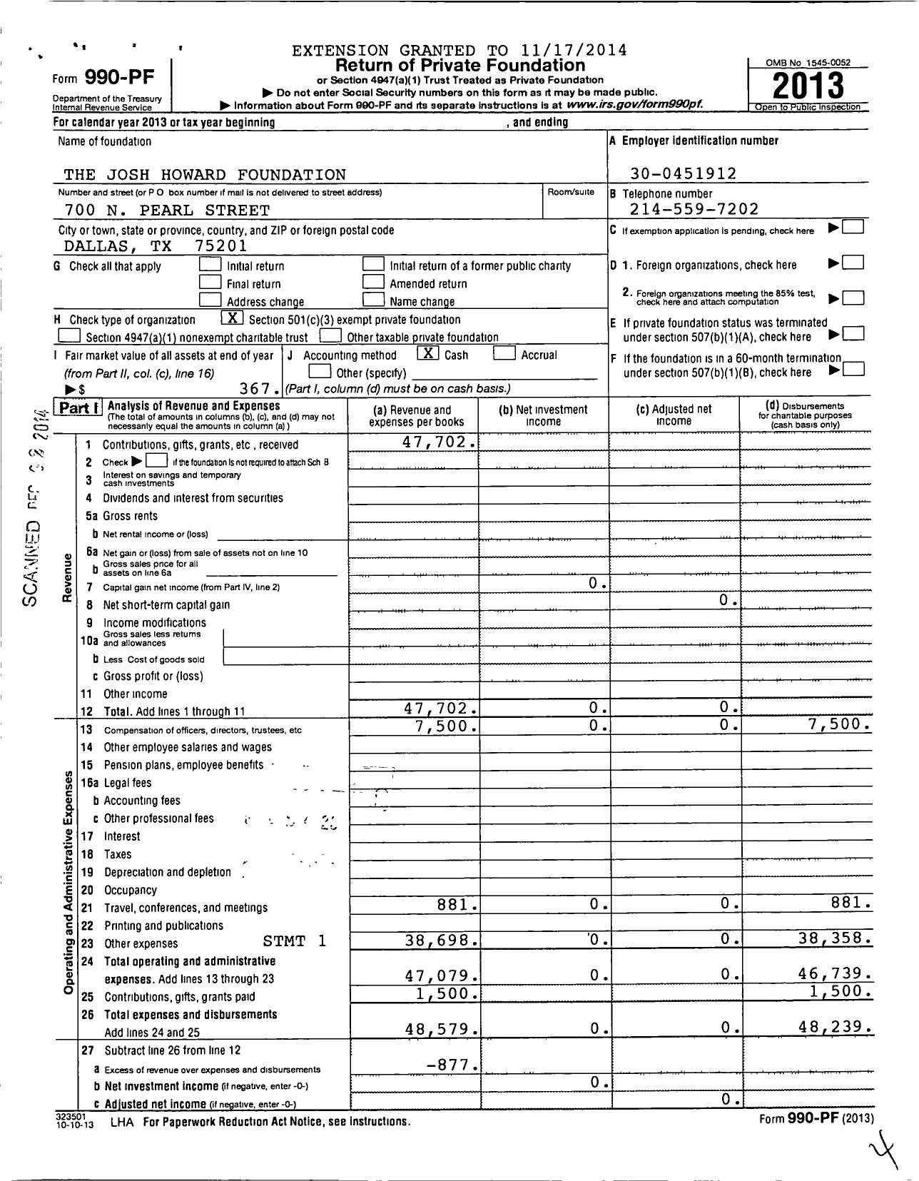 Image of first page of 2013 Form 990PF for The Josh Howard Foundation