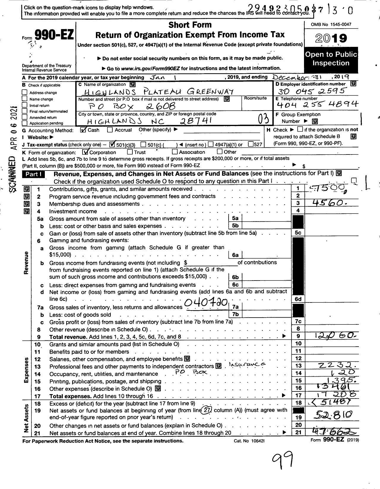 Image of first page of 2019 Form 990EZ for Highlands Plateau Greenway