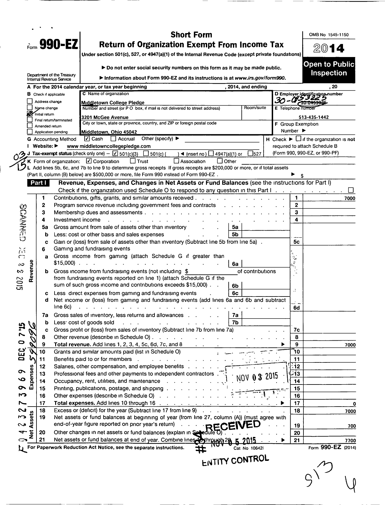 Image of first page of 2014 Form 990EZ for Middletown Promise