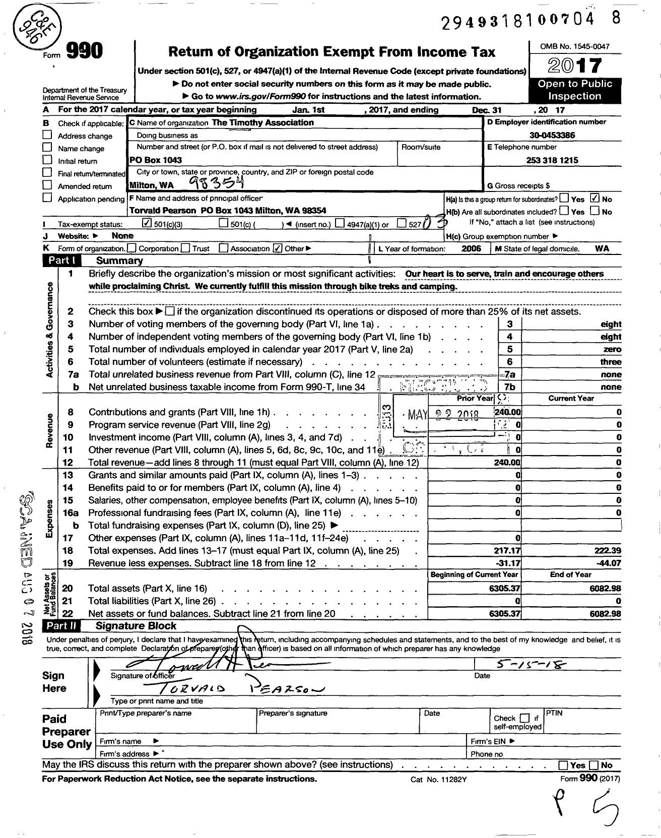 Image of first page of 2017 Form 990 for The Timothy Association