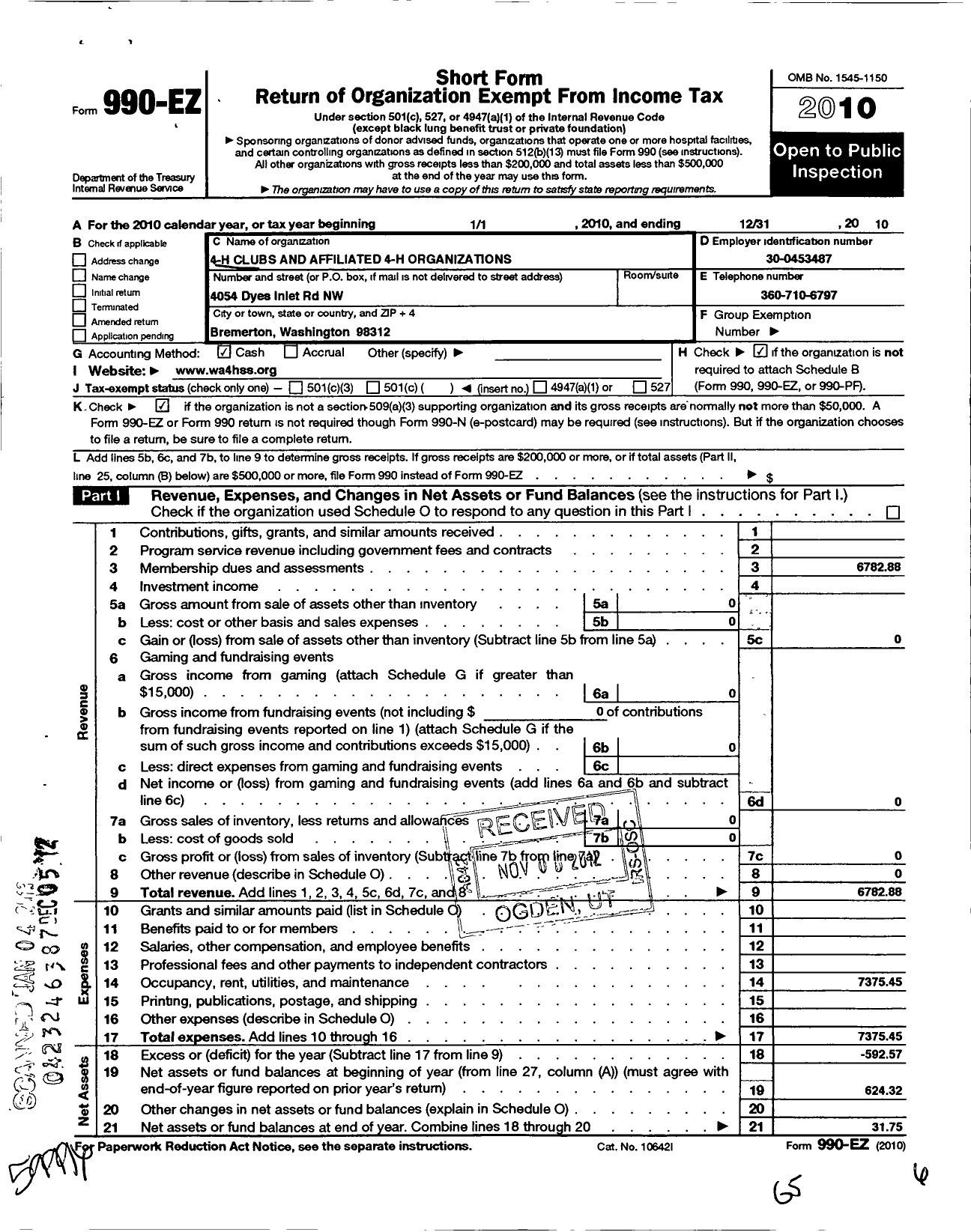 Image of first page of 2010 Form 990EO for Washington State University / Flaming Arrows 4-H Club