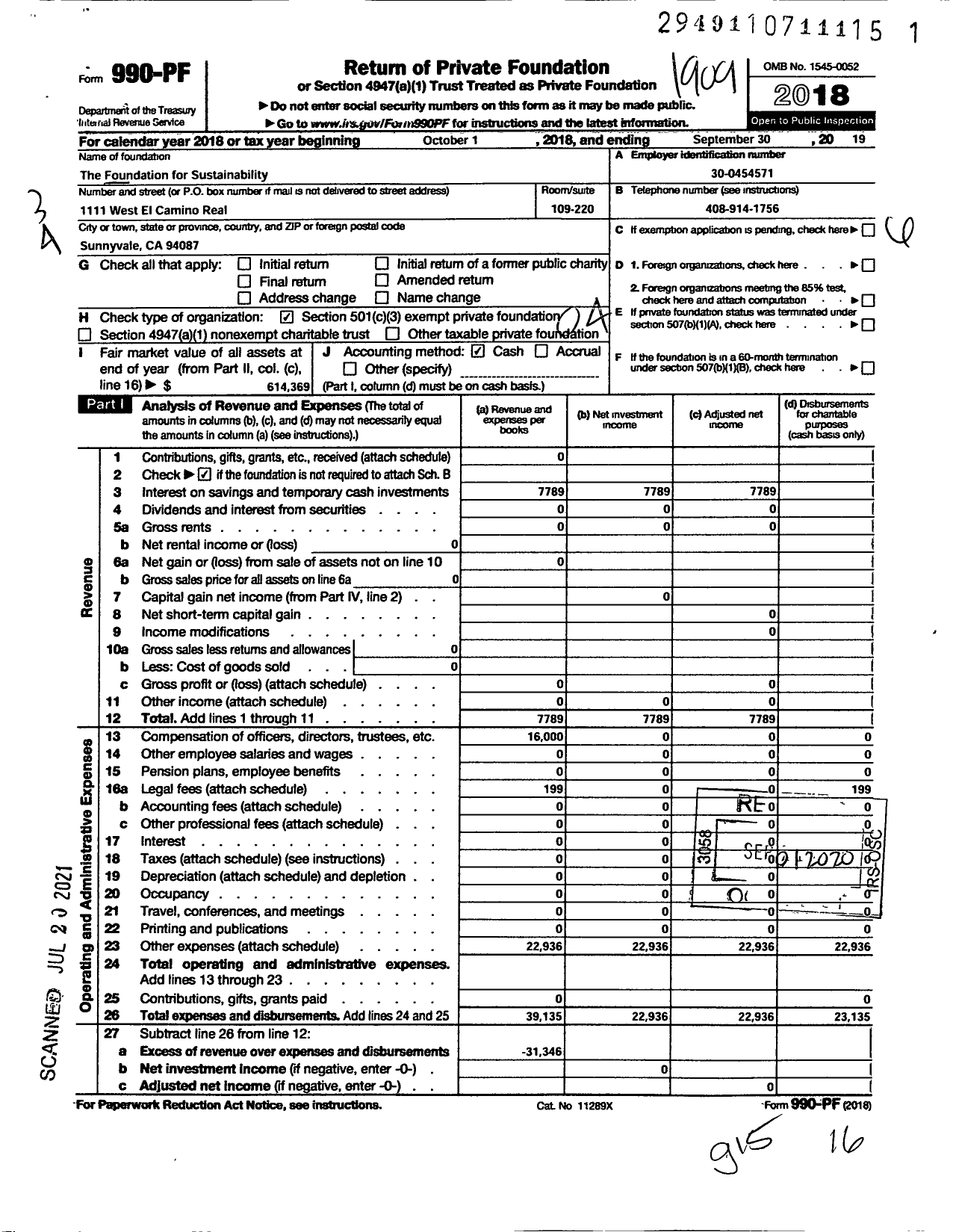 Image of first page of 2018 Form 990PF for The Foundation for Sustainability