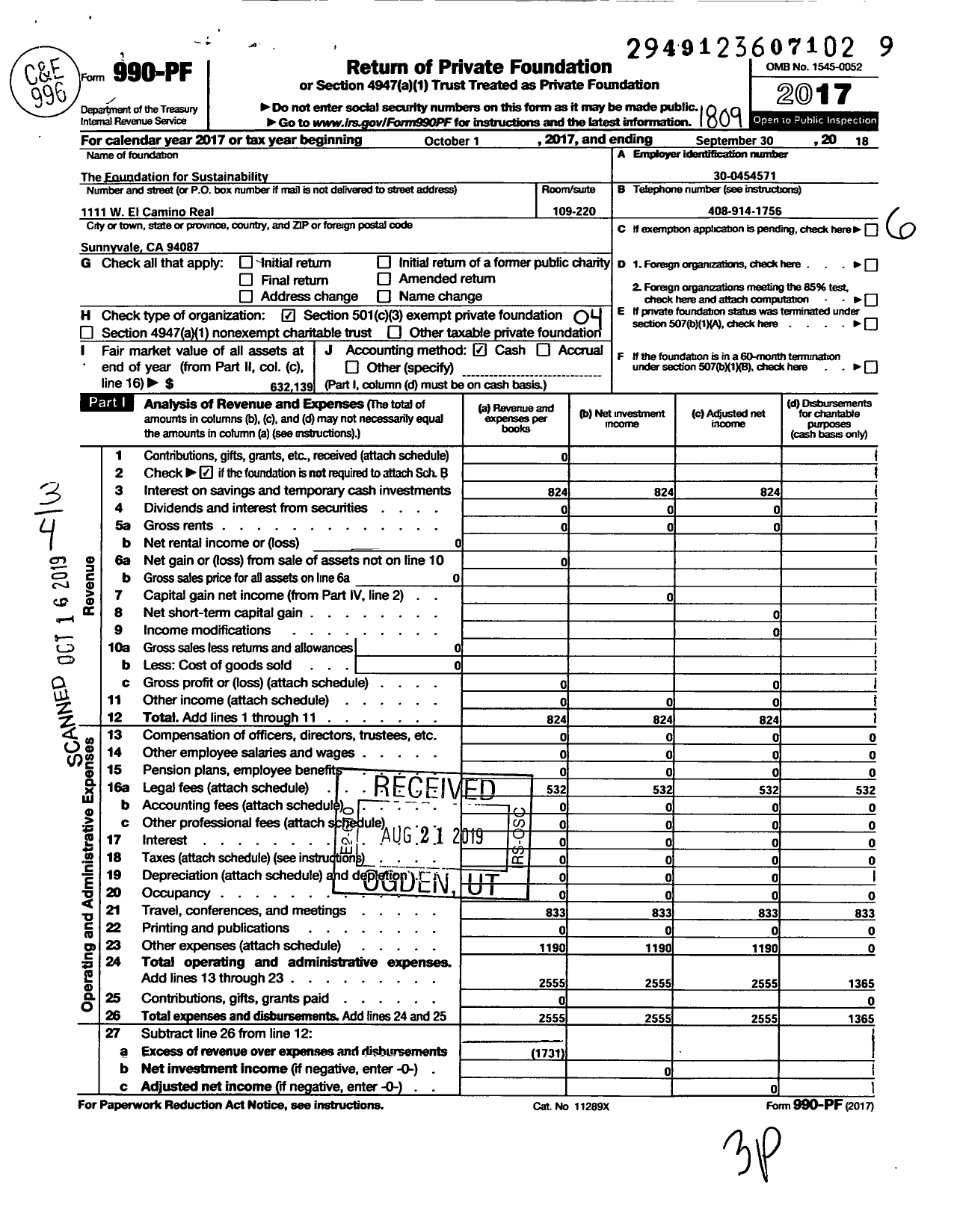 Image of first page of 2017 Form 990PF for The Foundation for Sustainability