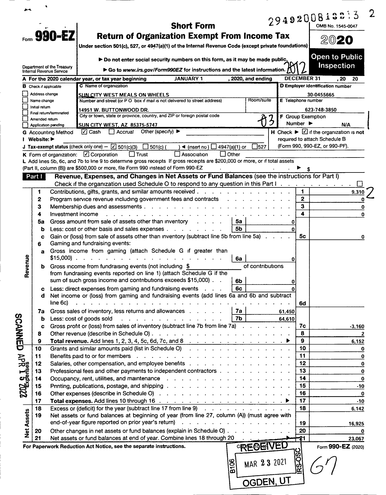 Image of first page of 2020 Form 990EZ for Sun City West Meals on Wheels