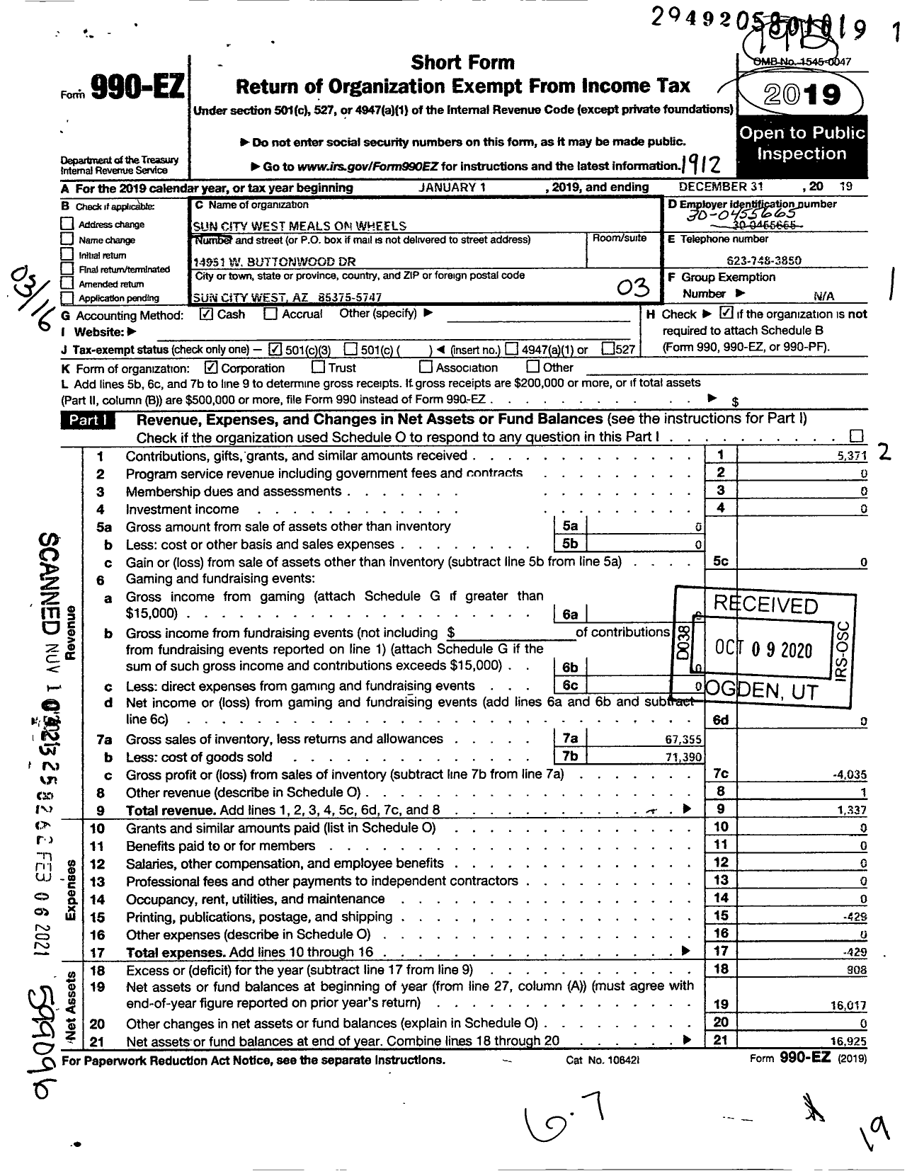 Image of first page of 2019 Form 990EZ for Sun City West Meals on Wheels