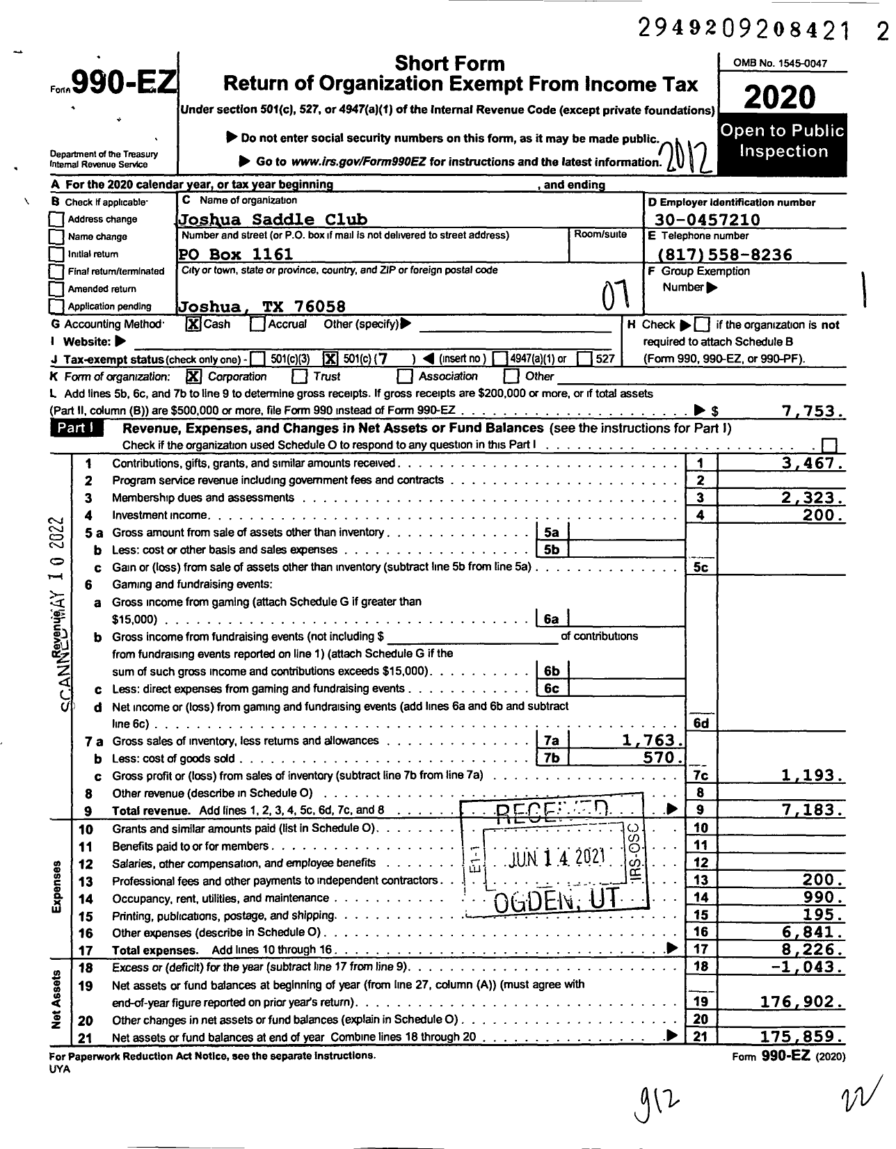 Image of first page of 2020 Form 990EO for Joshua Saddle Club