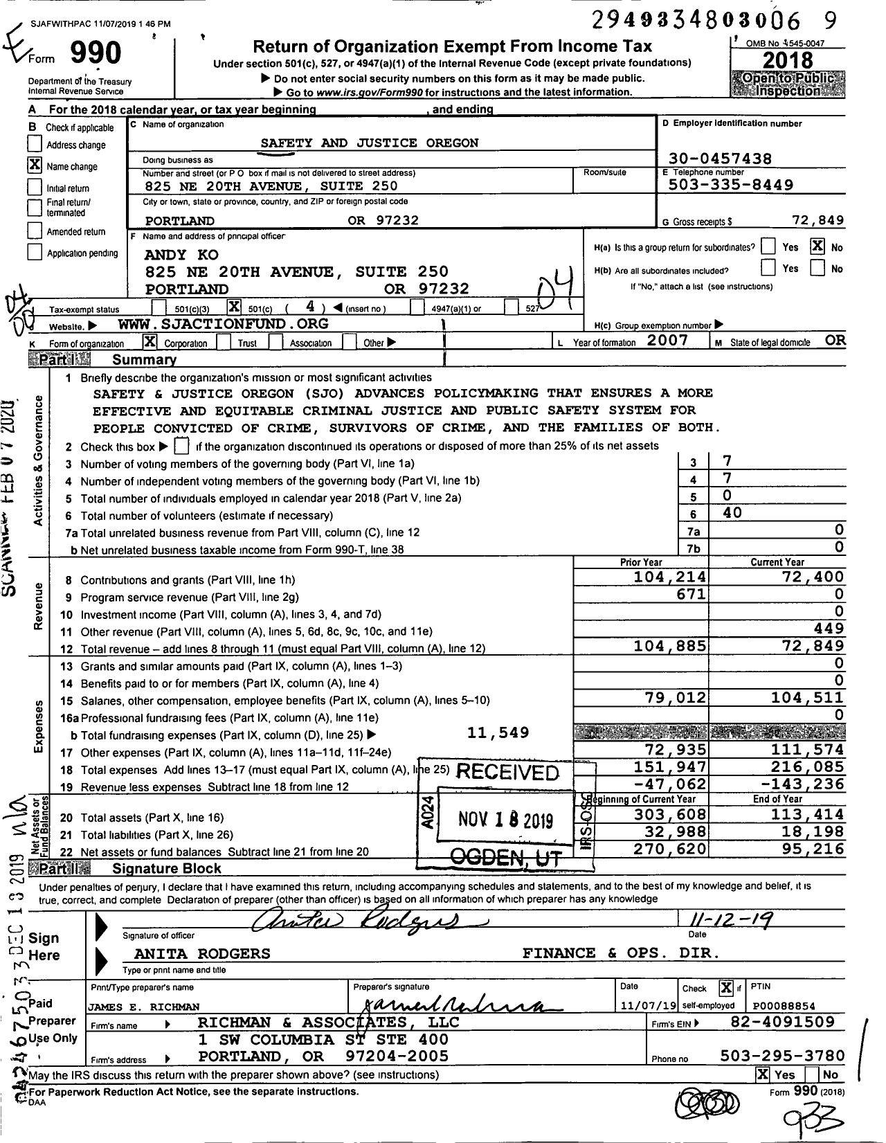 Image of first page of 2018 Form 990O for Safety and Justice Oregon