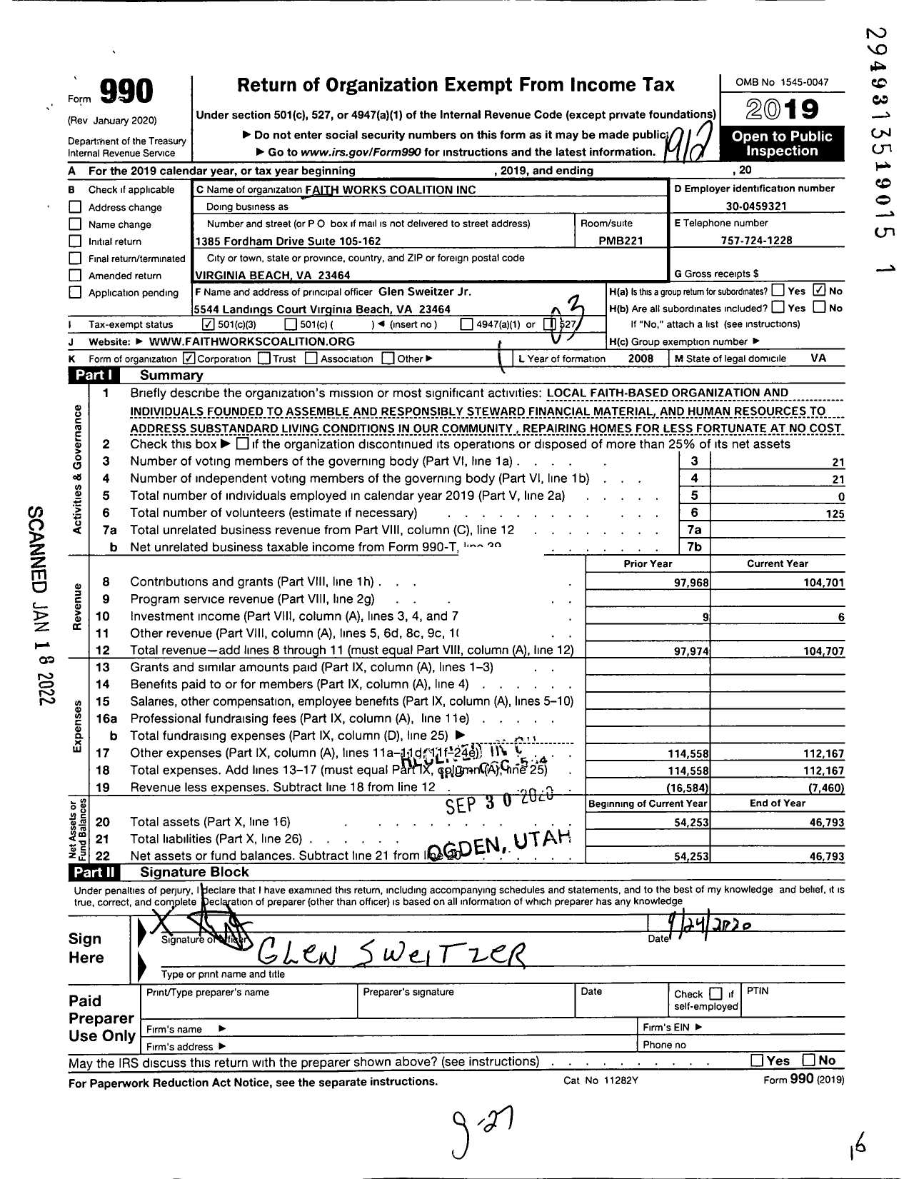 Image of first page of 2019 Form 990 for Faith Works Coalition