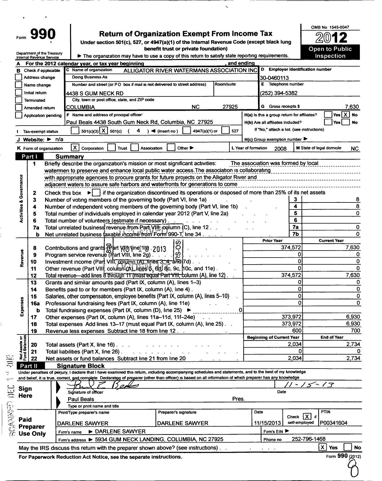 Image of first page of 2012 Form 990O for Alligator River Watermans Association