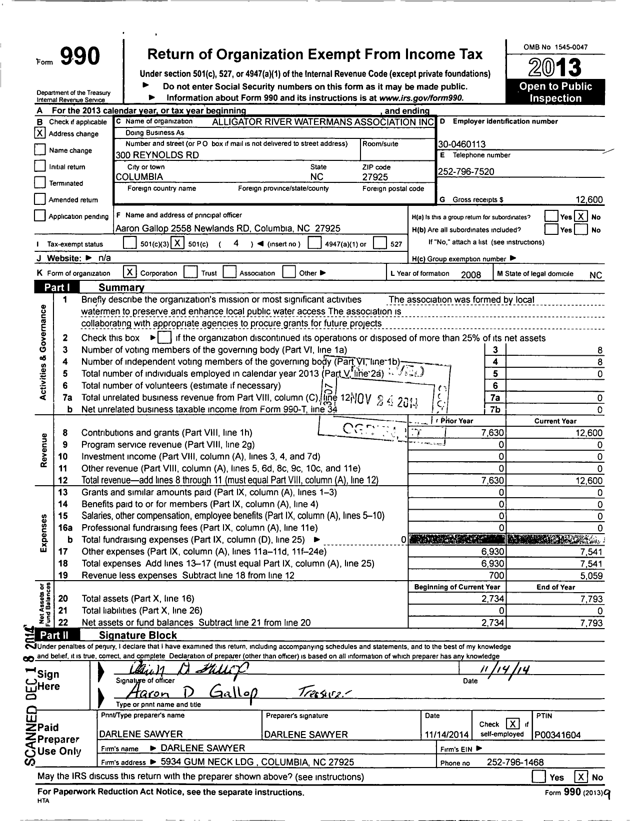 Image of first page of 2013 Form 990O for Alligator River Watermans Association