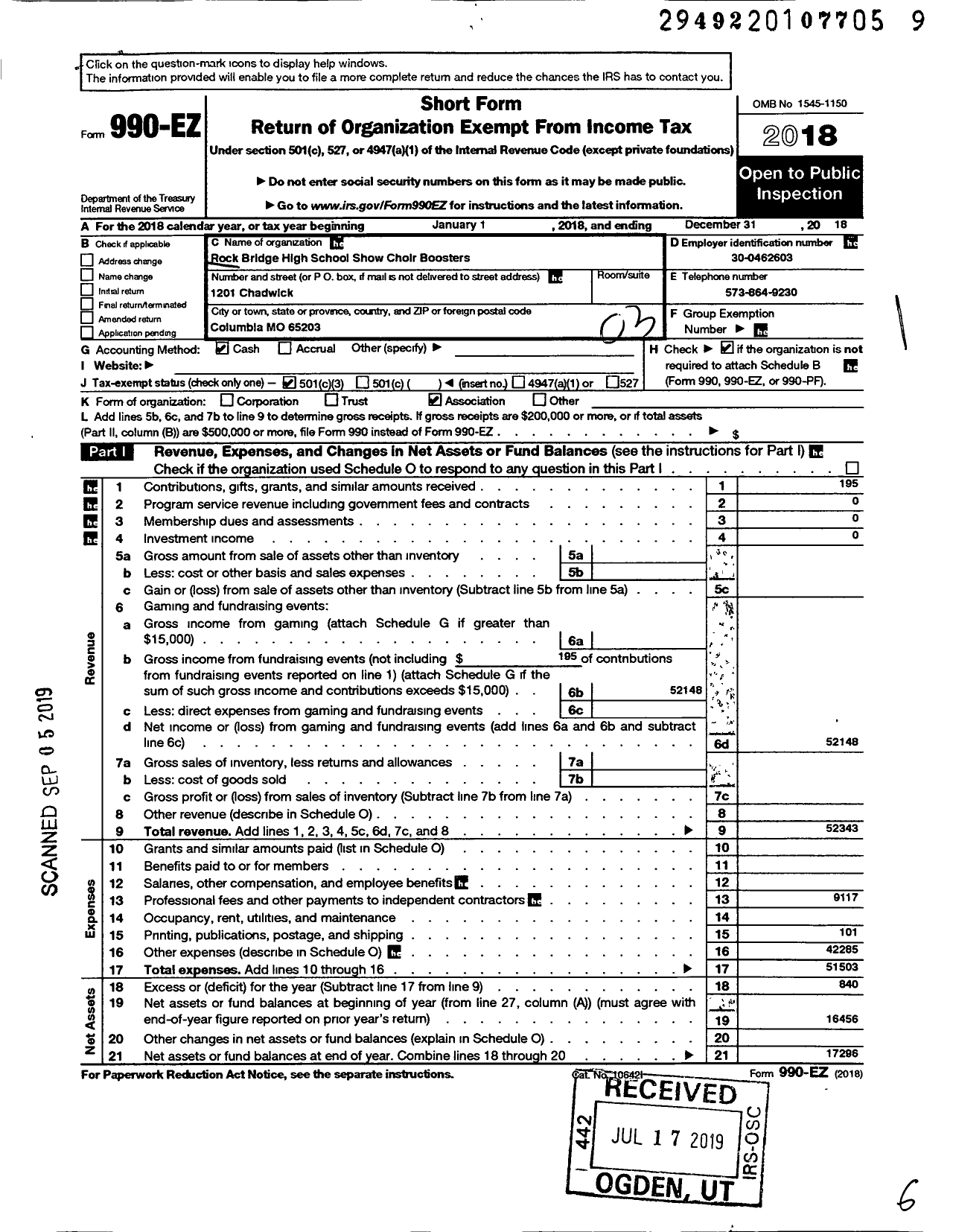 Image of first page of 2018 Form 990EZ for Rock Bridge High School Show Choir Boosters