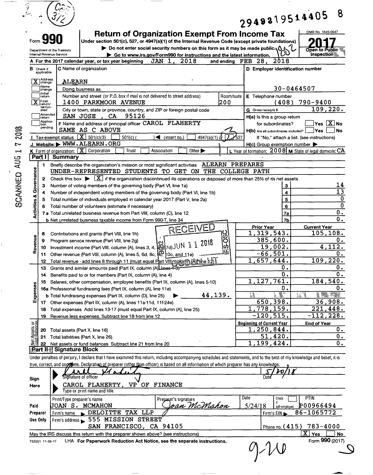 Image of first page of 2017 Form 990 for Alearn