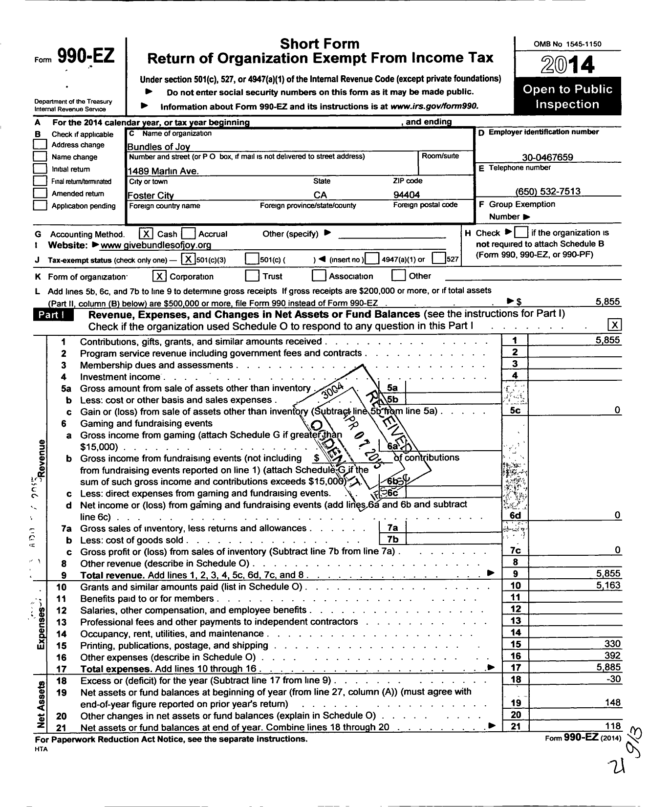 Image of first page of 2014 Form 990EZ for Bundles of Joy